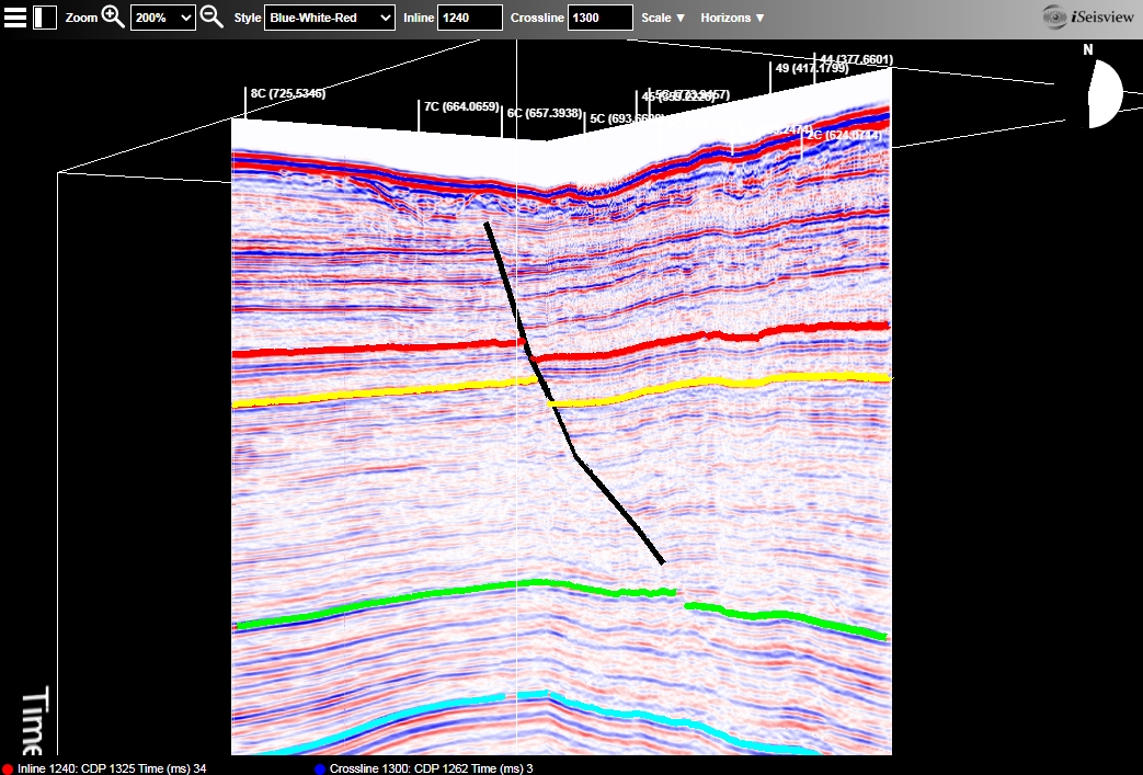 iSeisview screenshot showing a 3D cube with horizon and fault interpretation
