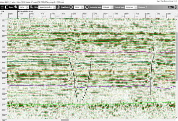 iSeisview screenshot showing 2D seismic profile with horizon and fault interpretation